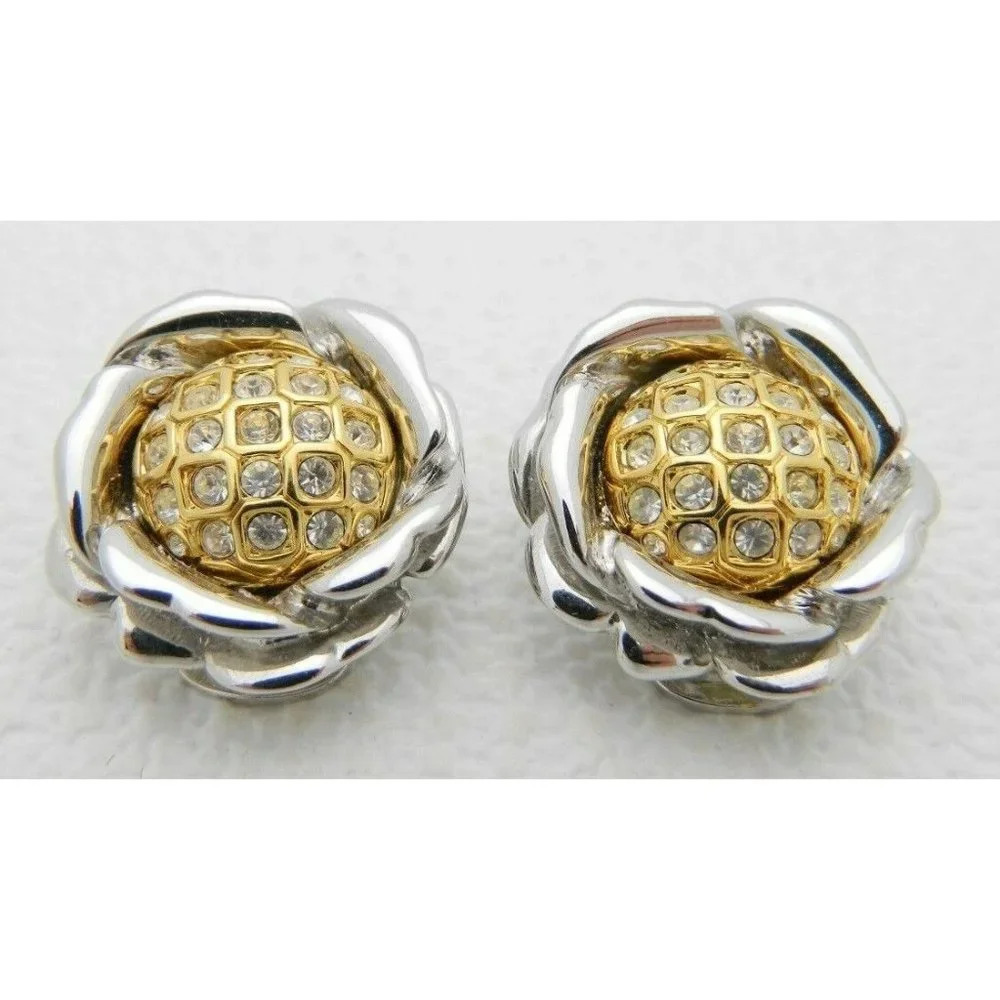 Nolan Miller Dual Gold Silver Tone Clear Pave Rhinestone Flower Clip Earrings